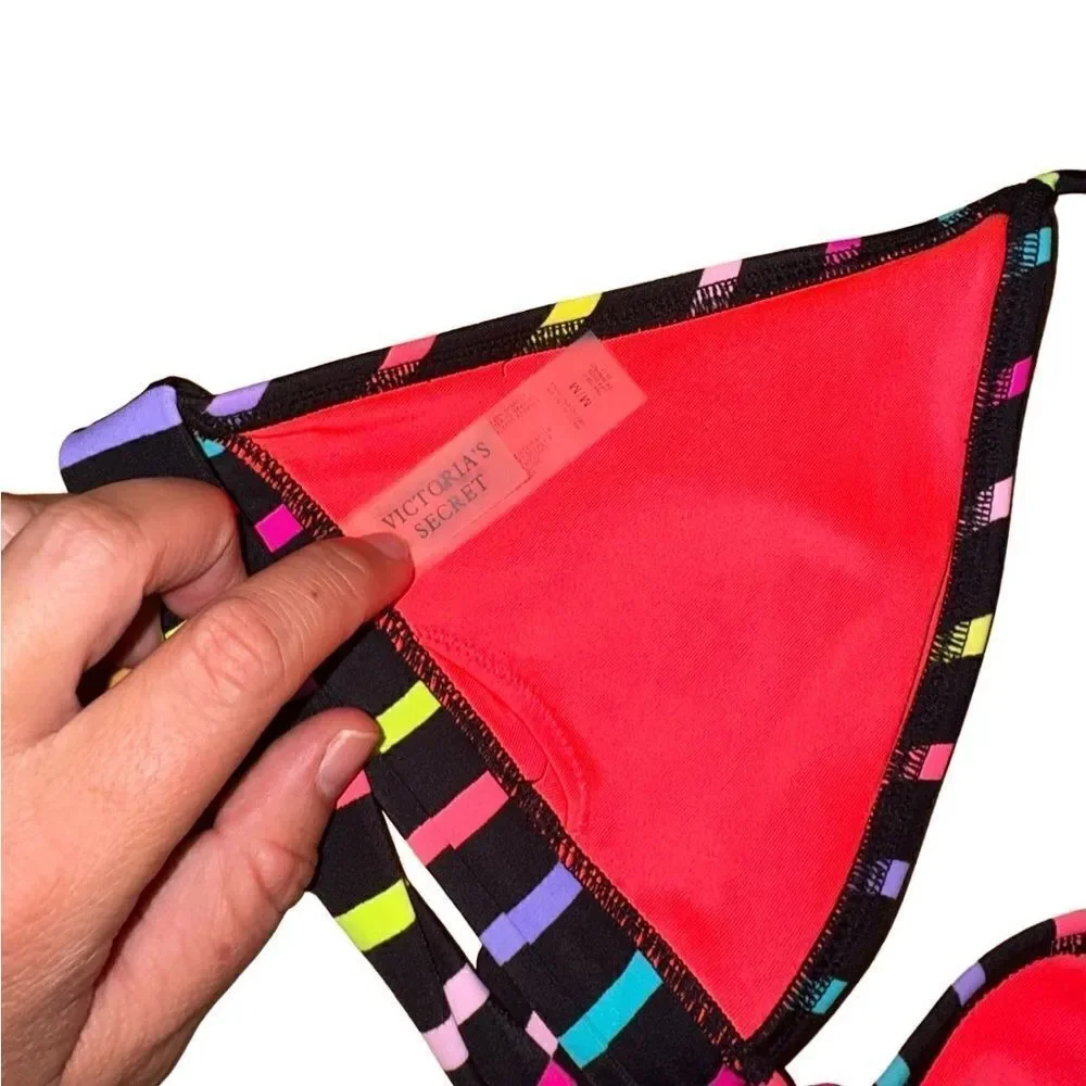 Victoria's Secret Women's Multi Color Black Stripe Halter Top Swimsuit - Medium